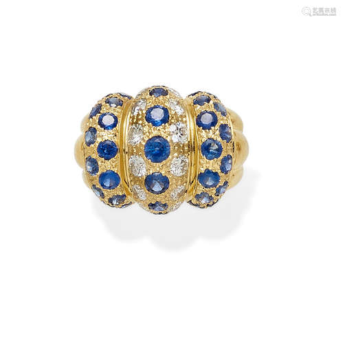 A sapphire, diamond and gold ring