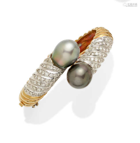 A colored cultured Pearl, Diamond and bi-color Gold hinged bangle