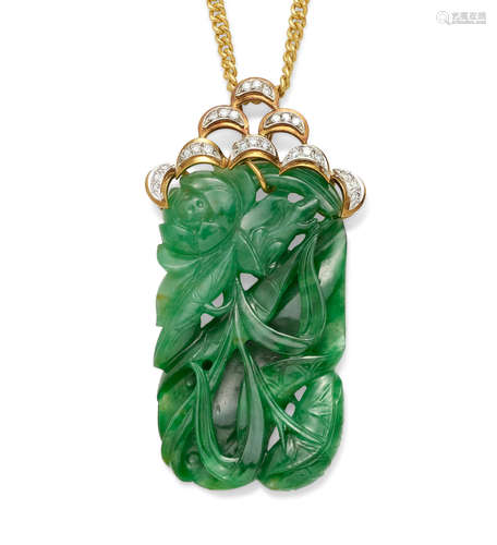 A Carved Jadeite Jade, diamond and gold pendant on a chain