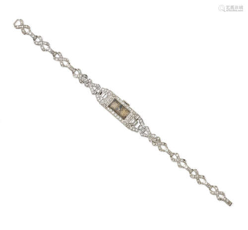 A Lady's Art Deco Diamond and Platinum Bracelet Wristwatch,  circa 1930