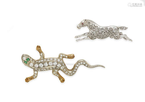 A diamond, ruby and platinum horse brooch with a diamond, emerald and silver-topped gold lizard brooch