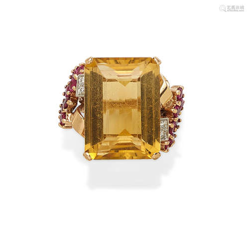 A Retro citrine, ruby, diamond and 14k gold ring, circa 1950