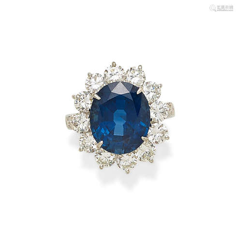 A sapphire, diamond and platinum ring