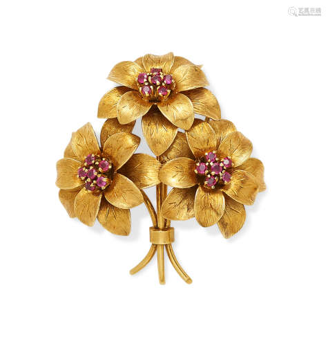 A ruby and gold flower brooch, Tiffany & Co.