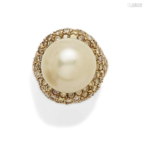 A colored BAROQUE CULTURED PEARL, COLORED DIAMOND AND GOLD RING