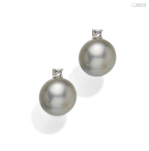 A pair of colored cultured pearl, diamond and white gold earrings