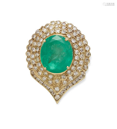 An emerald, diamond and gold pendant/brooch