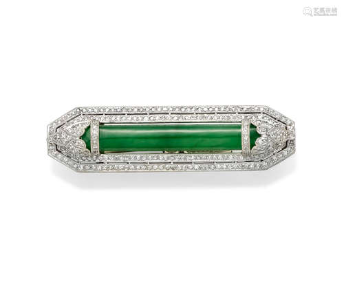 A jadeite jade, diamond and platinum brooch