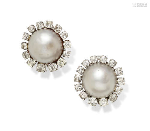 A pair of mabe pearl, diamond and 14k gold ear clips