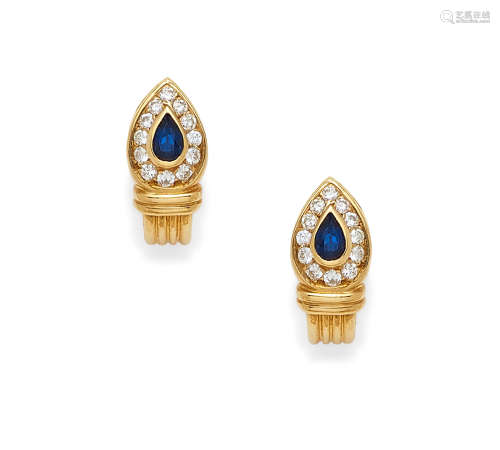 A Pair of Sapphire, Diamond and 18k Gold Ear Clips,   Fred, French