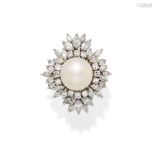 A cultured pearl, diamond and white gold ring