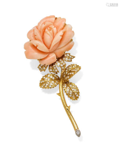 A coral, diamond and 18k gold rose clip