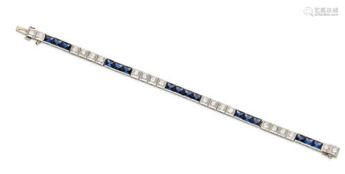 An art deco diamond, synthetic sapphire and platinum bracelet, circa 1920