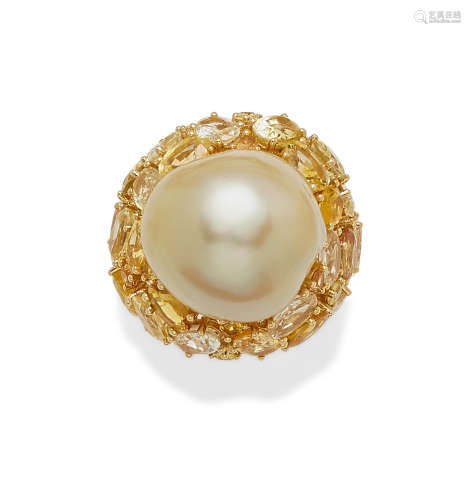 A cultured pearl, colored sapphire and 18k gold ring, DSL
