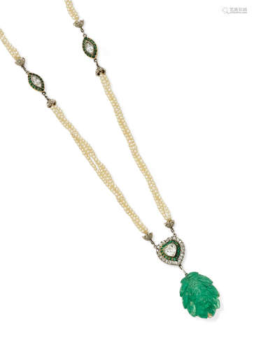 An emerald, seed pearl, diamond, gold and platinum necklace