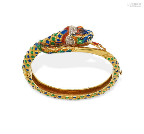 A diamond, enamel and gold hinged snake bangle