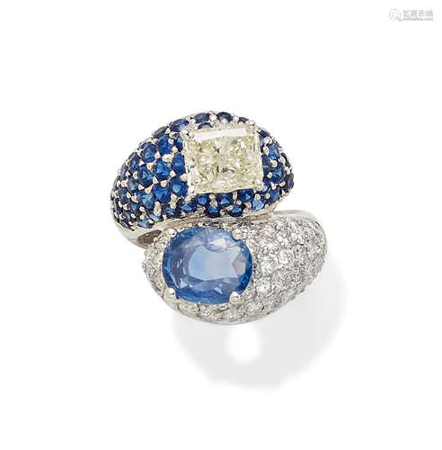 A sapphire, colored diamond, diamond and 18k white gold by-pass ring