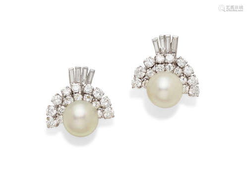 A pair of cultured pearl, diamond and white gold ear clips