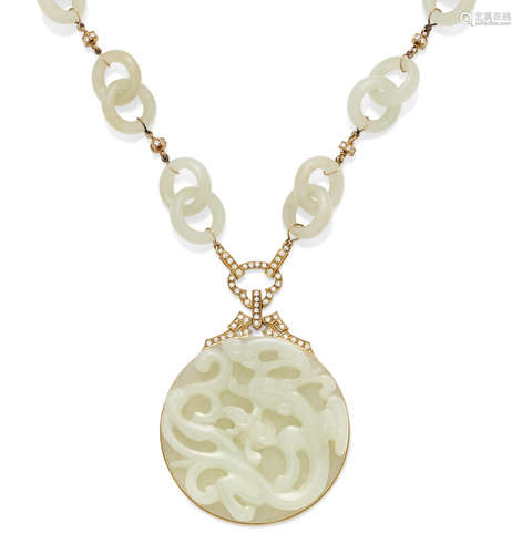 A Carved Nephrite, Diamond and 18k Gold Necklace