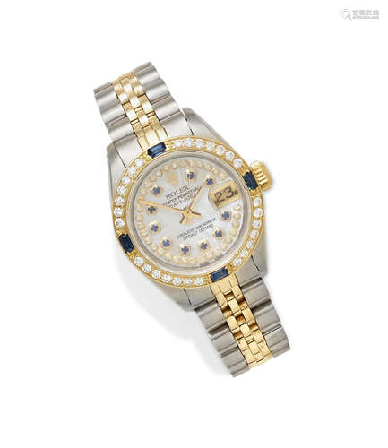 A Lady's Sapphire, Diamond, Mother-of-Pearl, 14k Gold and Stainless Steel Datejust Bracelet Wristwatch, Rolex