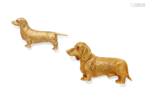 Two ruby, 14k and 18k gold daschund brooches