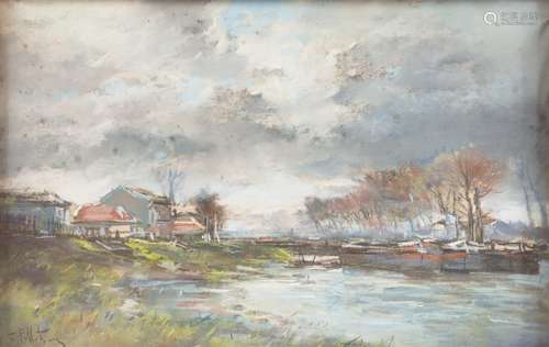 Pierre PELLETIER (1869 1931)Péniche à quai, tem...