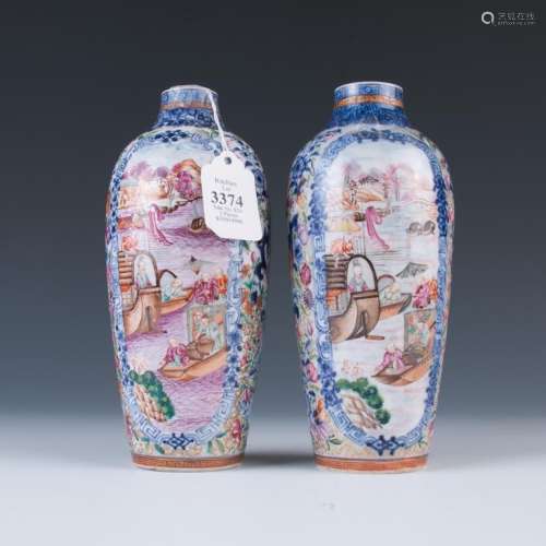 Pair of Export Rose Mandarin Bottle Vases