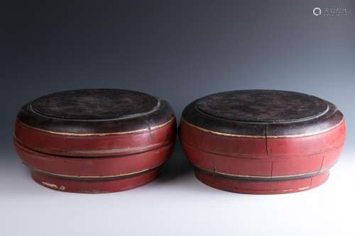 Pair of Red and Gilt Lacquer  Round Boxs