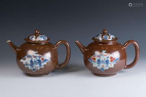 Pair of Large Export Brown Glazed Blue and White T