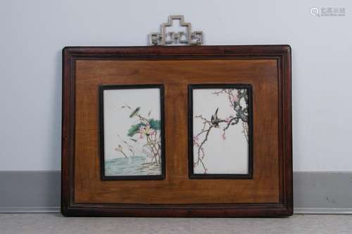 Pair of Framed Famille Rose Bird Panels