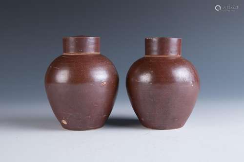 Pair of Brown Glazed Jars with Covers