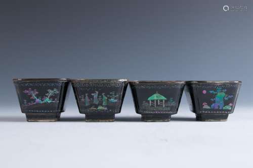Set of Four Lacquer and Mother-of-Pearl Wine Cups,