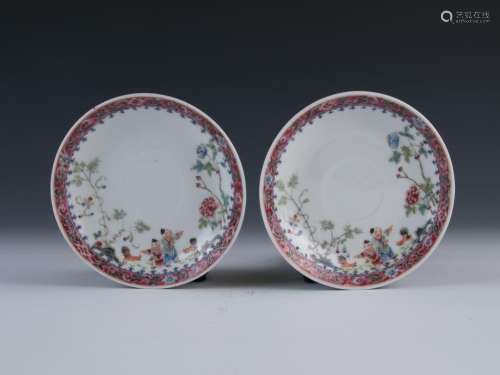 Pair of Famille Rose 'Boys and Rooster' Dishes