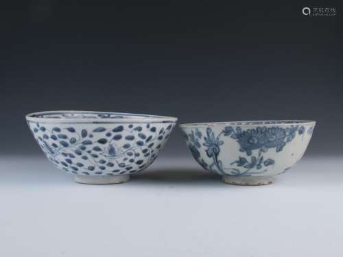 Two Large Blue and White Bowls
