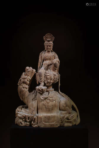 CHINESE WOODEN FIGURE OF MANJUSRI