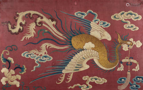 THREE EMBORIDERY PANELS DEPICTING A DRAGON EN FACE AND TWO PHOENIX ON RED SILK