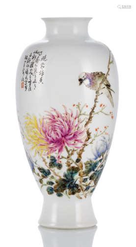 A PAINTED PORCELAIN VASE WITH BIRD AND FLOWERS NEAR POEM