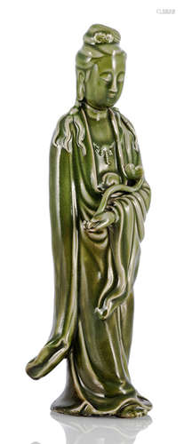 A STANDING GREEN-GLAZED PORCELAIN GUANYIN