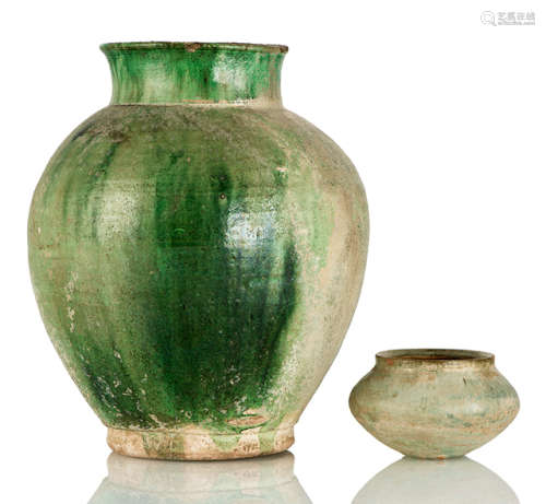 A GREEN STORAGE VESSEL AND SMALL BOWL WITH PARTIALLY IRIDESCENT GLAZE