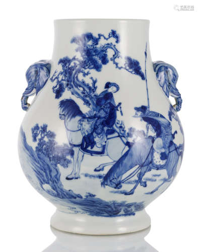 A HU-SHAPED PORCELAIN VASE WITH A LITERARY SCENE IN UNDERGLAZE BLUE AND TWO ELEPHANT HEAD HANDLES