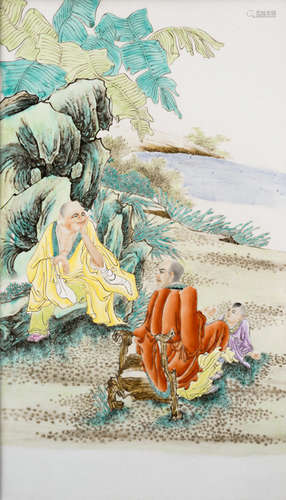 A SET OF FOUR PORCELAIN PANELS DEPICTING STORIES OF LUOHAN