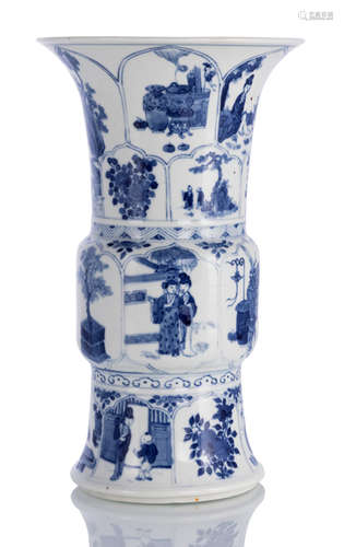 A GU-SHAPED BEAKER WITH UNDERGLAZE BLUE SCENES IN LOTUS RESERVES