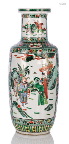 A FAMILLE VERTE ROULEAU VASE WITH DECOR OF LITERARY SCENES