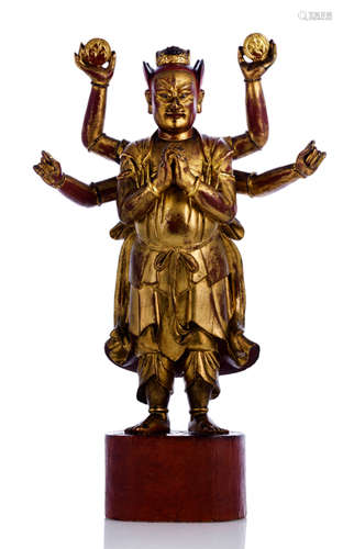 A WELL CARVED GILT-LACQUERED WOOD FIGURE OF MARSHAL TIANYOU