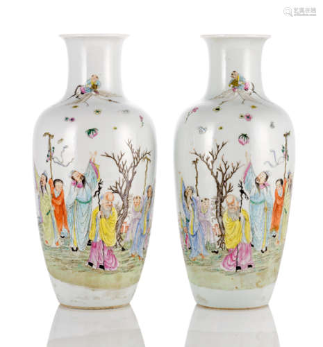 A PAIR OF FAMILLE ROSE BALUSTER VASES WITH SHOULAO AND HTIANGUAN