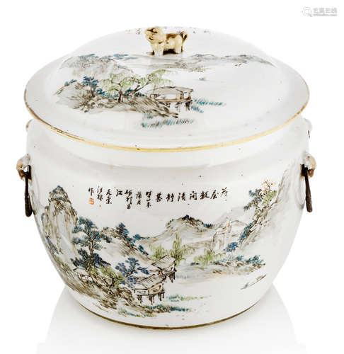 A LARGE PORCELAIN BOX AND COVER PAINTED WITH A LANDSCAPE AND INSCRIBED