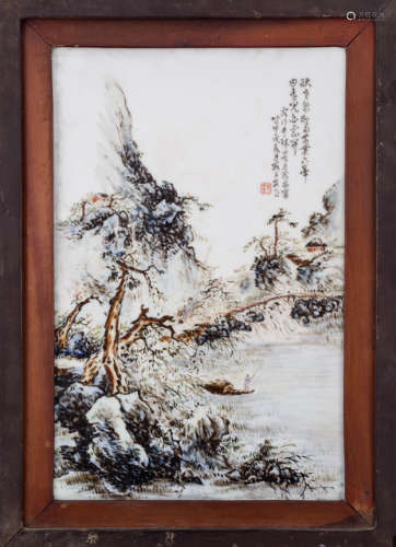 A PAINTED PORCELAIN PANEL IN THE STYLE OF DUAN ZI'AN DEPICTING FISHERMEN AT A MOUNTAIN LAKE