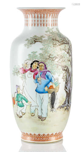 A POLYCHROME PAINTED PORCELAIN VASE