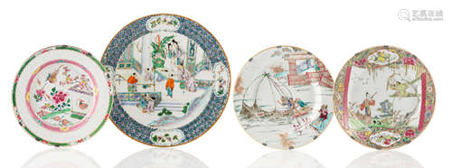 THREE FAMILLE ROSE PLATES AND ONE LARGER PLATE WITH FIGURAL DECOR