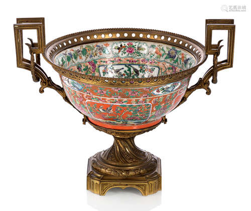 A CANTON ENAMELLED PORCELAIN BOWL WITH BRONZE MOUNTING